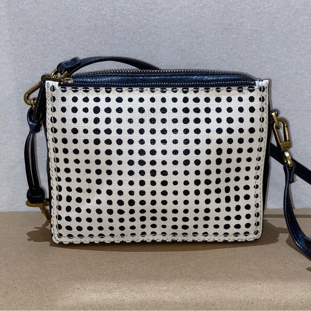 FOSSIL Polka Dot Brass Key Hardware Black White Leather Crossbody Square Bag - Picture 2 of 14